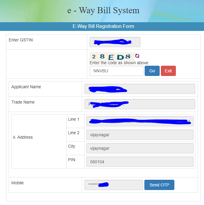 E-way bill Karnataka registration OTP page