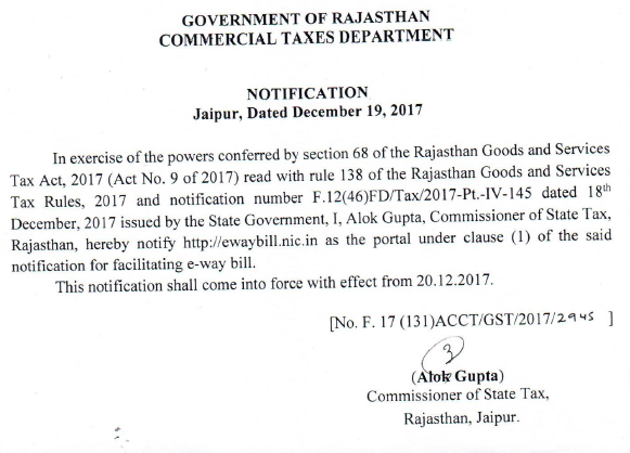 rajasthan eway bill notification