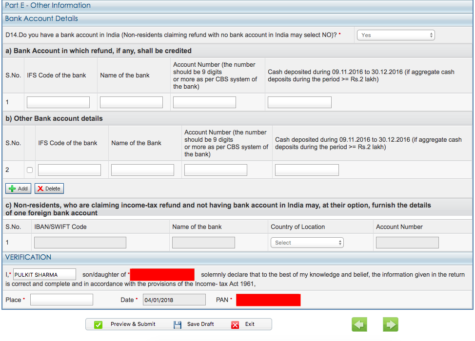 ITR-1 bank details