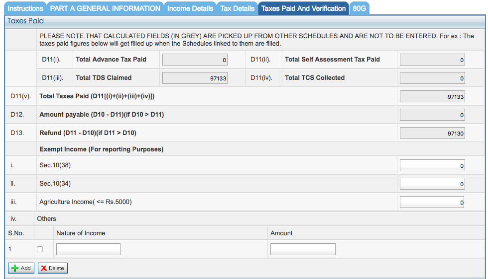 Taxes paid and verification ITR-1